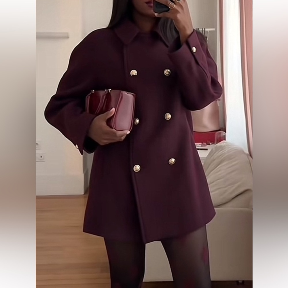 Elegant Double-Breasted Burgundy Coat
